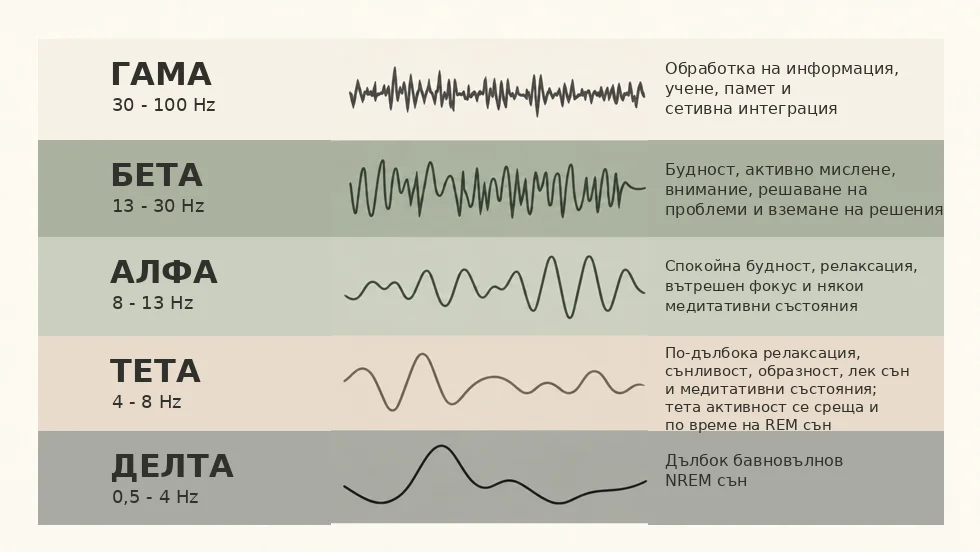 Таблица с мозъчните ритми: гама 30–100 Hz, бета 13–30 Hz, алфа 8–13 Hz, тета 4–8 Hz и делта 0,5–4 Hz, всеки с типична вълна и кратко описание на свързаните състояния.