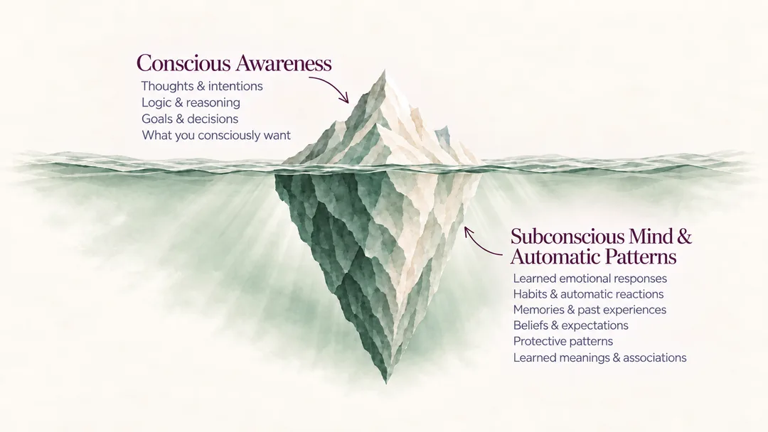 Iceberg illustration. Above the water, Conscious Awareness: thoughts and intentions, logic and reasoning, goals and decisions, what you consciously want. Below the water, Subconscious Mind and Automatic Patterns: learned emotional responses, habits and automatic reactions, memories and past experiences, beliefs and expectations, protective patterns, learned meanings and associations.